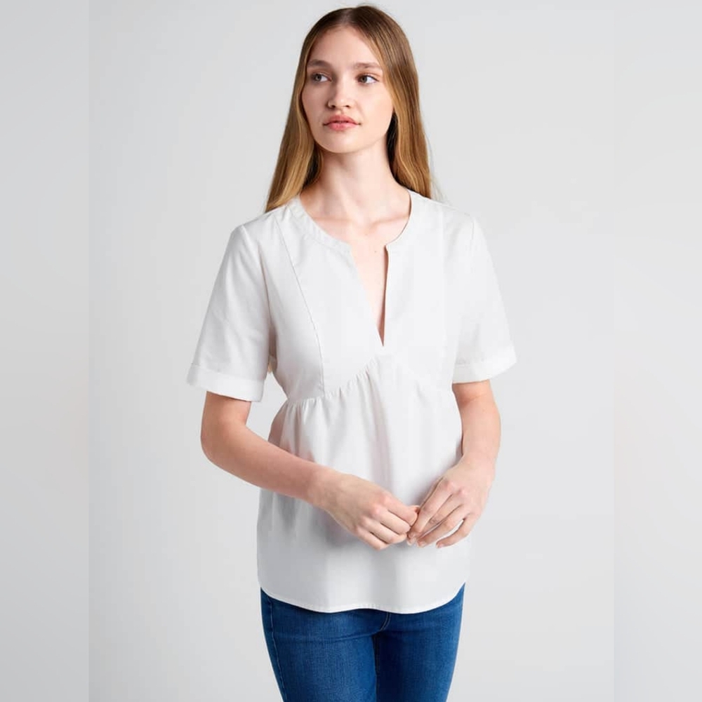 Modcloth Cotton Elegant White Women's Top Y-Neck Size Medium-Simple